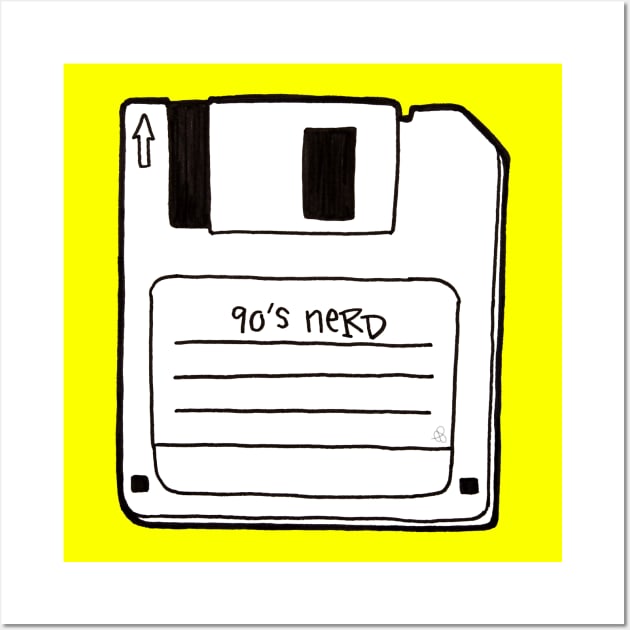 90's Nerd, Black and White - Retro Floppy Disc Outline Drawing Wall Art by Elinaana
